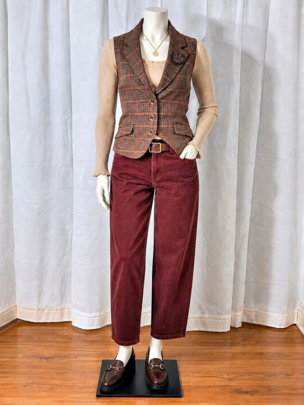 Tommy Hilfiger Brown Plaid Tailored Vest Size 12 Dark Academia Preppy Like New